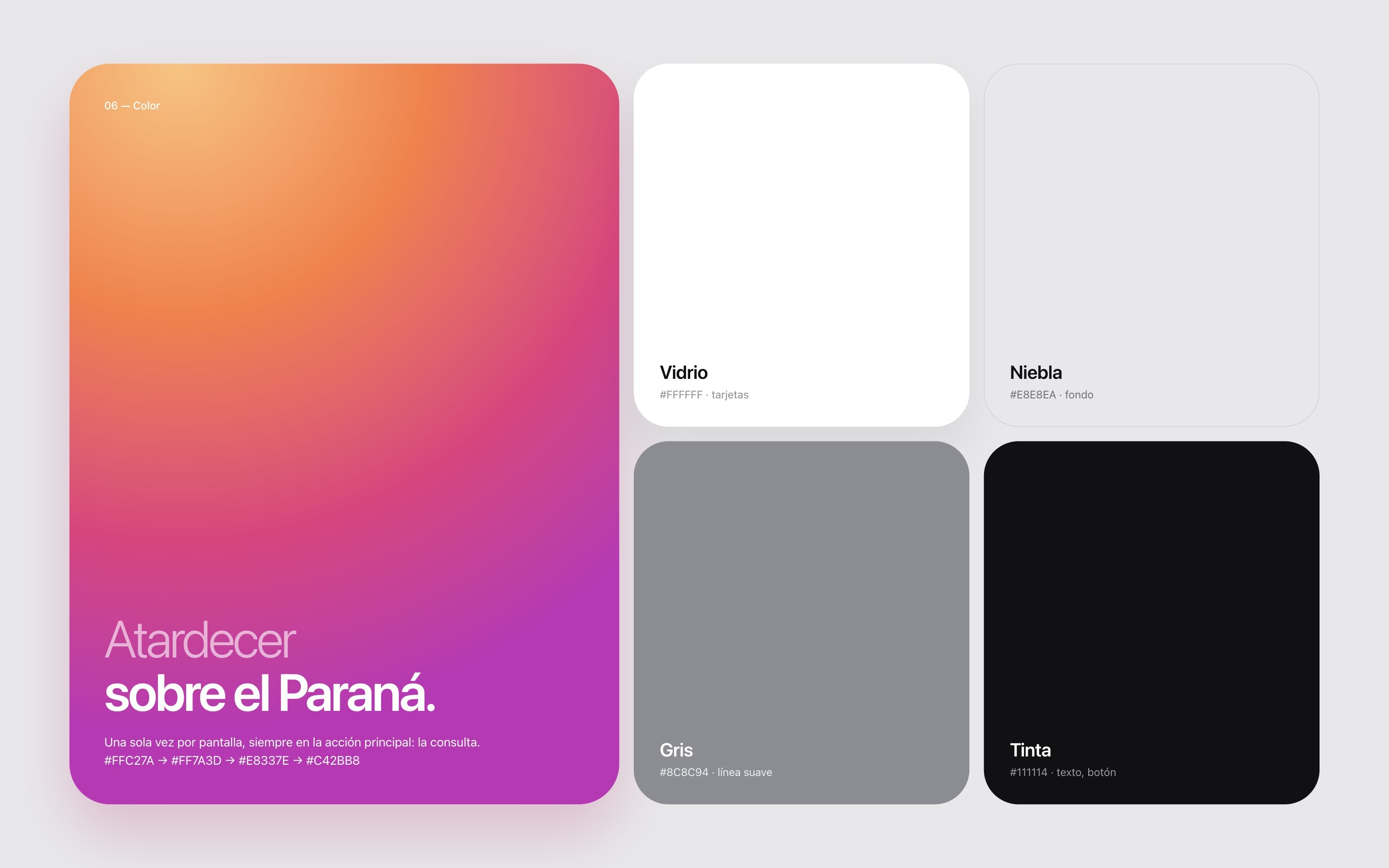 The color sheet: a tall gradient panel named Atardecer sobre el Paraná, beside white, fog grey, soft grey and ink swatches.