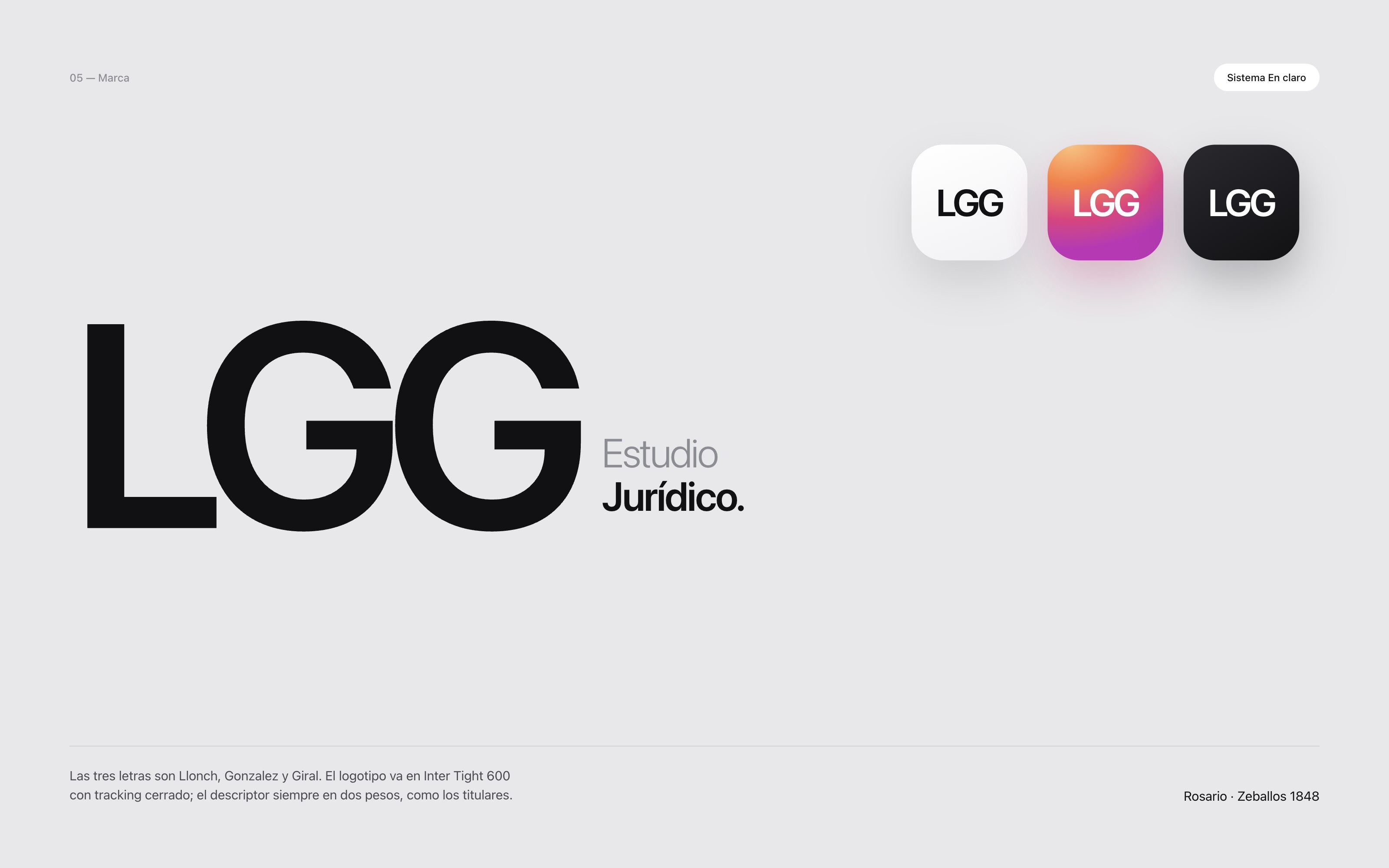 The LGG logotype set large beside the descriptor Estudio Jurídico, with three app icons in white, gradient and black.