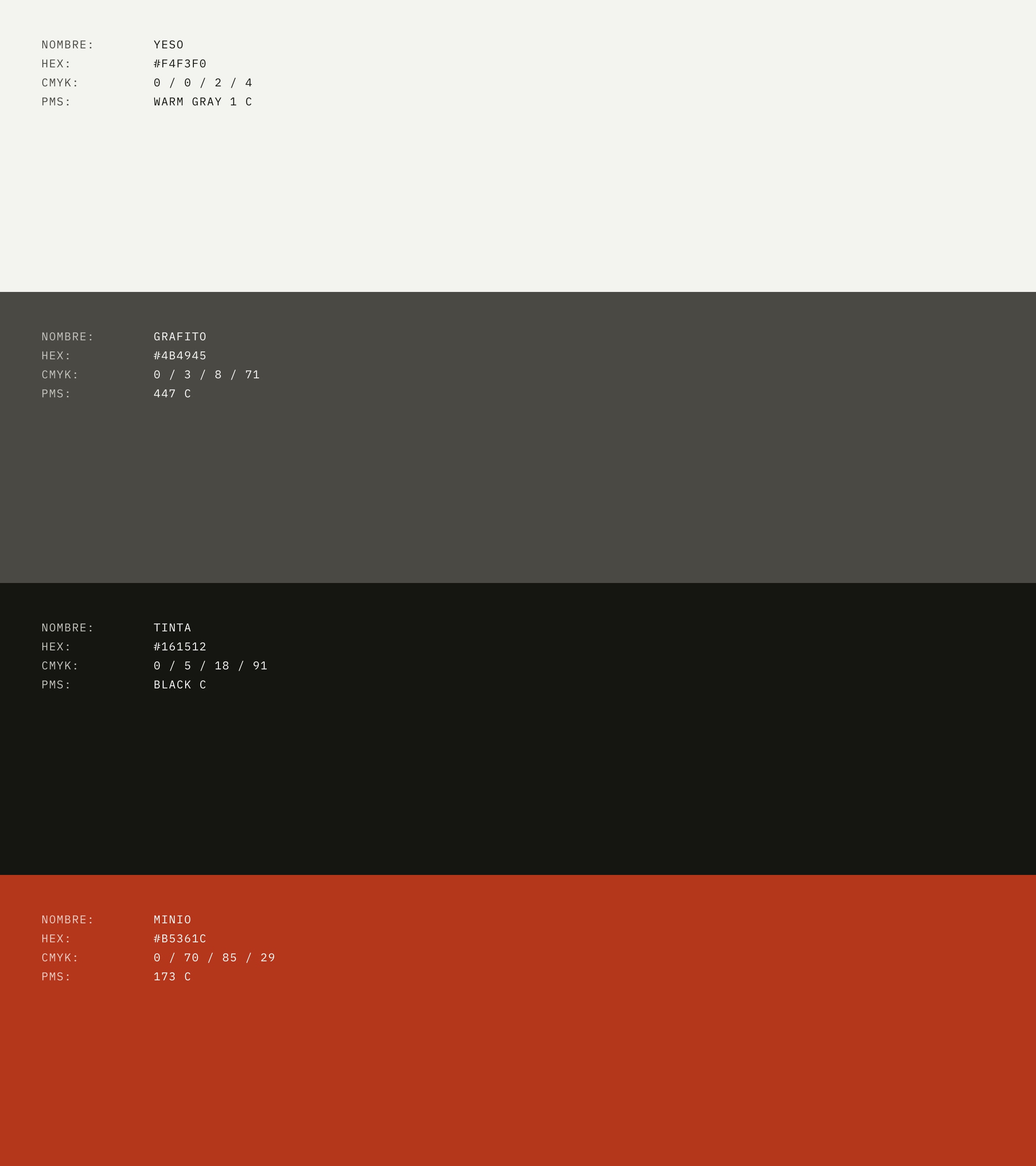 The colour specification: stacked full width bands, each carrying its name, hex, CMYK and Pantone reference.