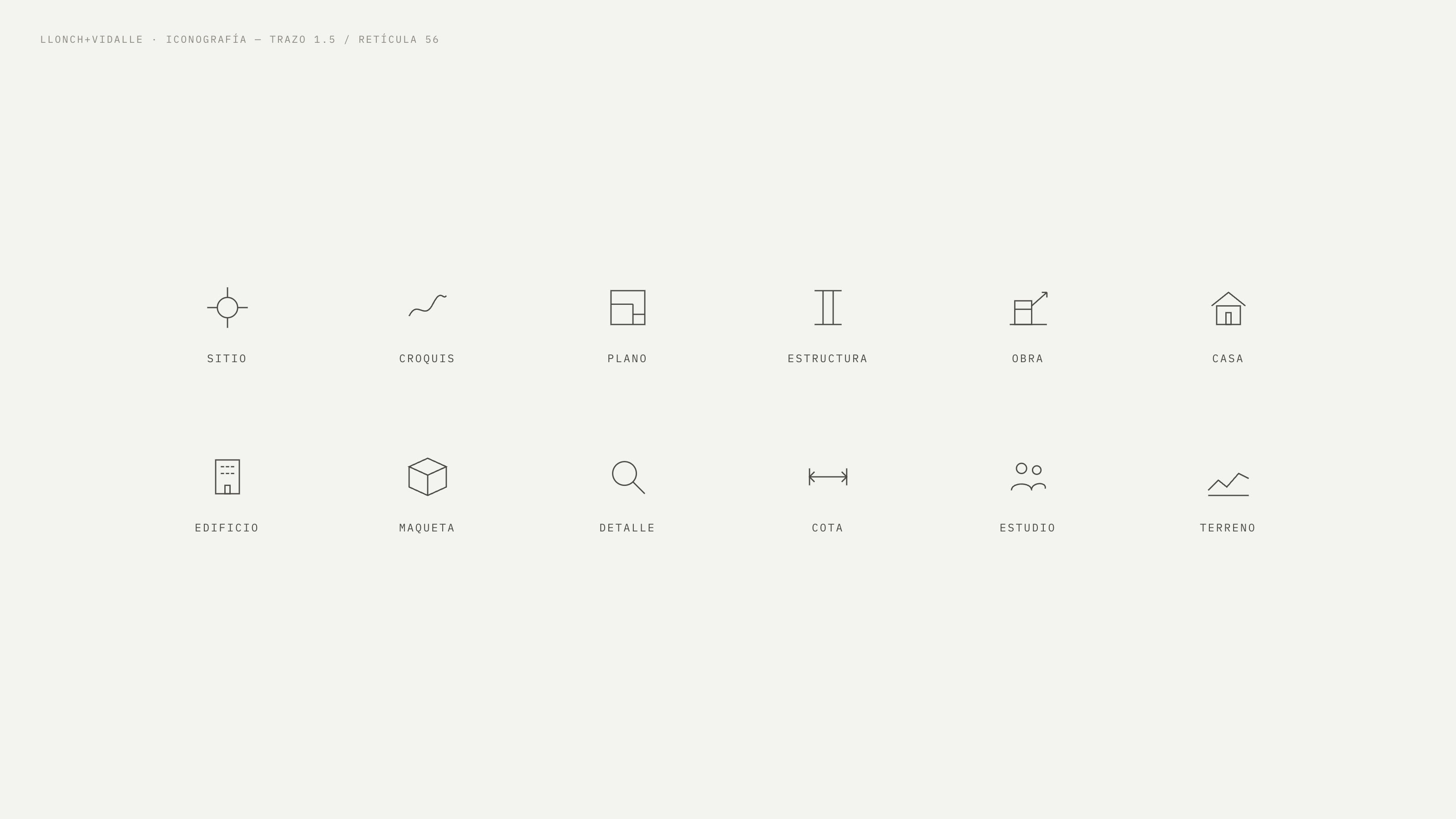 Twelve drawn icons on a pale ground, each captioned in Spanish: site, sketch, plan, structure, work, house, building, model, detail, dimension, studio, terrain.