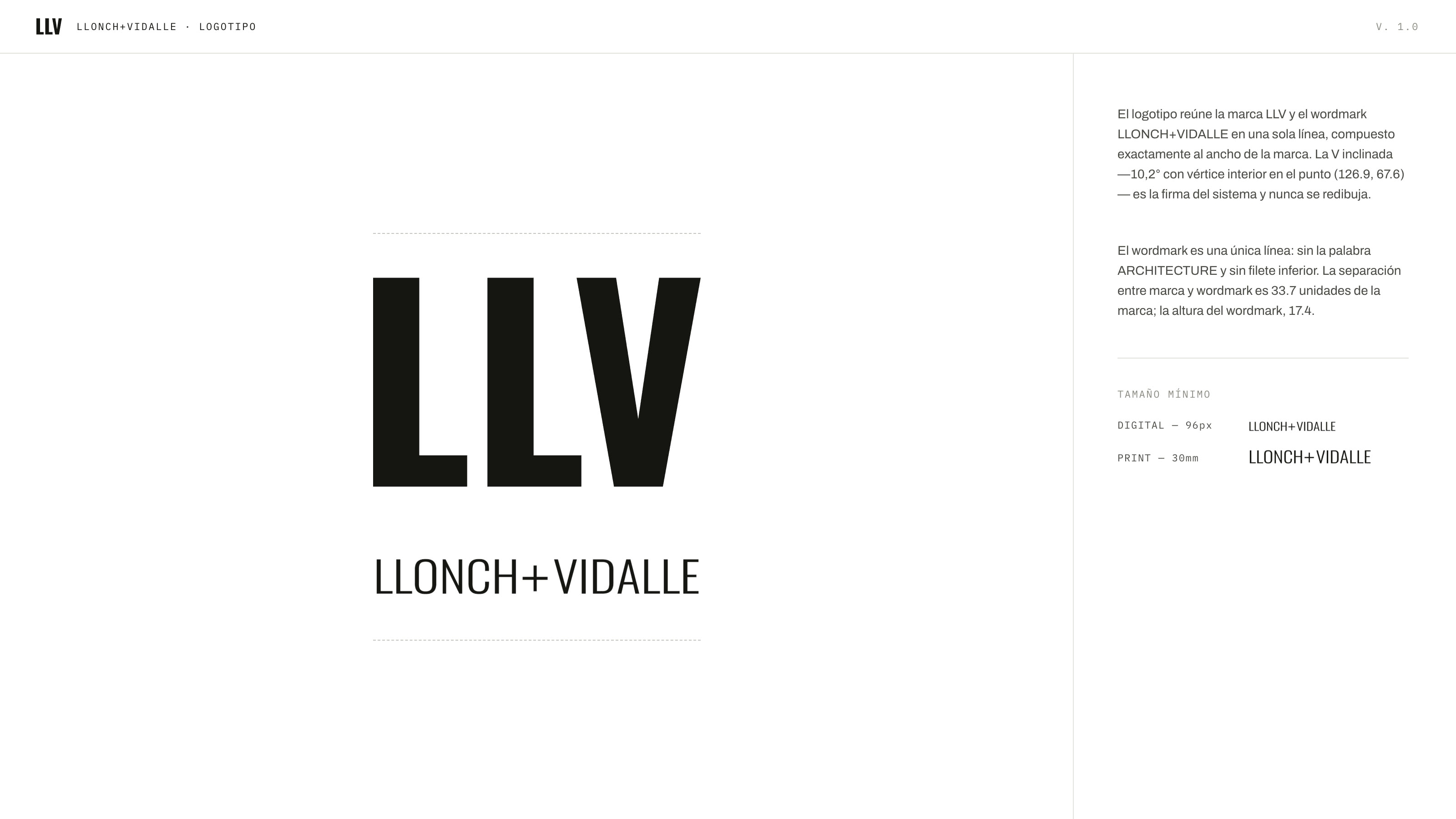 The mark sheet: LLV drawn at size with the wordmark beneath it, the construction note explaining the leaning V, and the minimum sizes for screen and print.