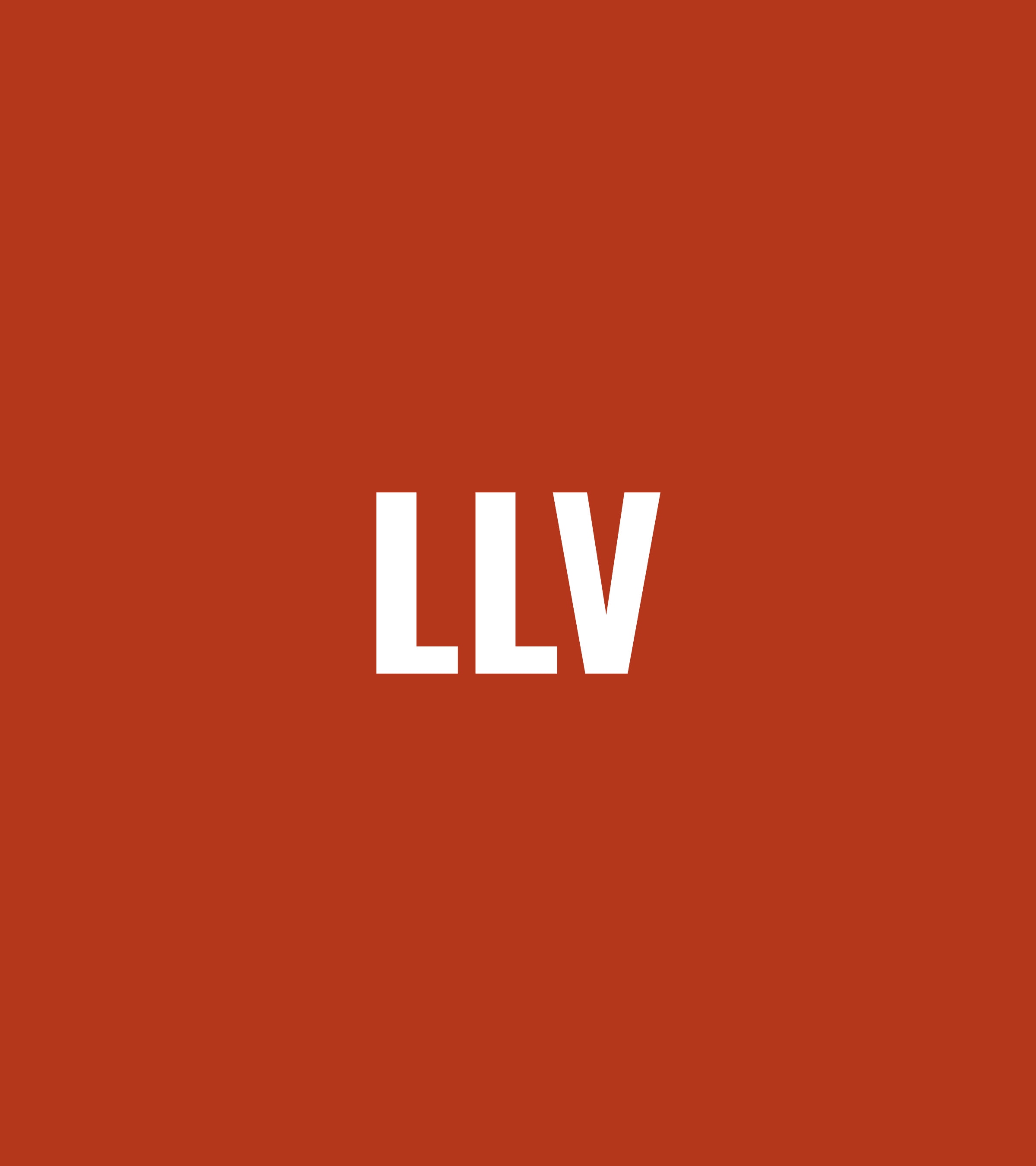 The LLV mark reversed in white out of a solid field of minio red, filling the frame with nothing else on it.