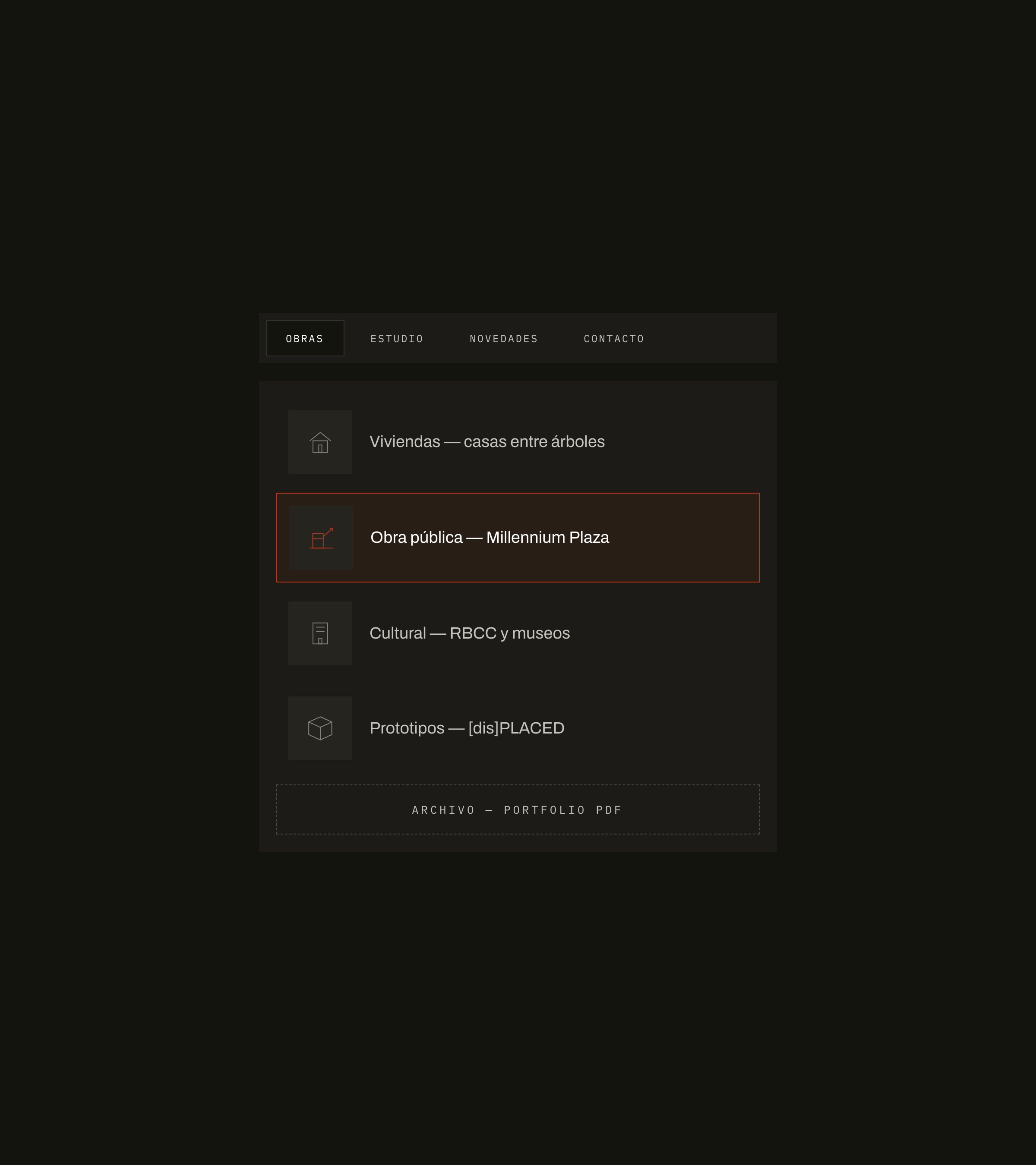The navigation system: the index, the project list and the filters, shown as a single vertical sheet.