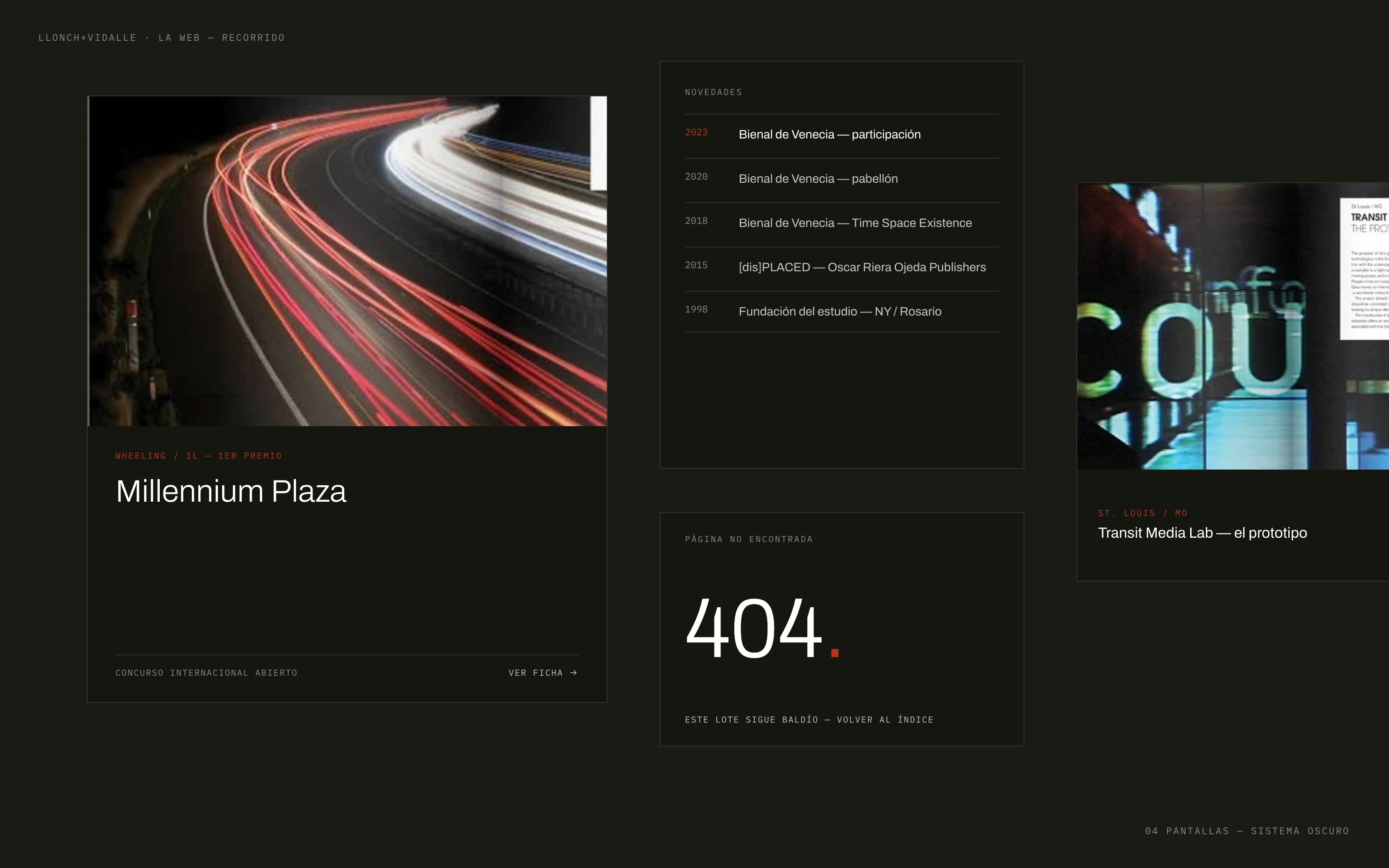 A walk through the site: the project hero, the index rows, a detail page and the 404, shown as a run of frames.